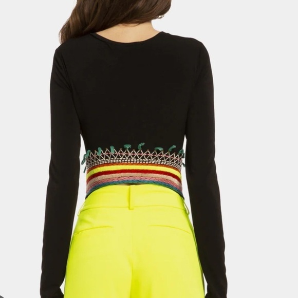 Alice & Olivia-Black Longsleeve Delania Crop Top w/ Neon Multicolor Embroidery - Picture 4 of 12